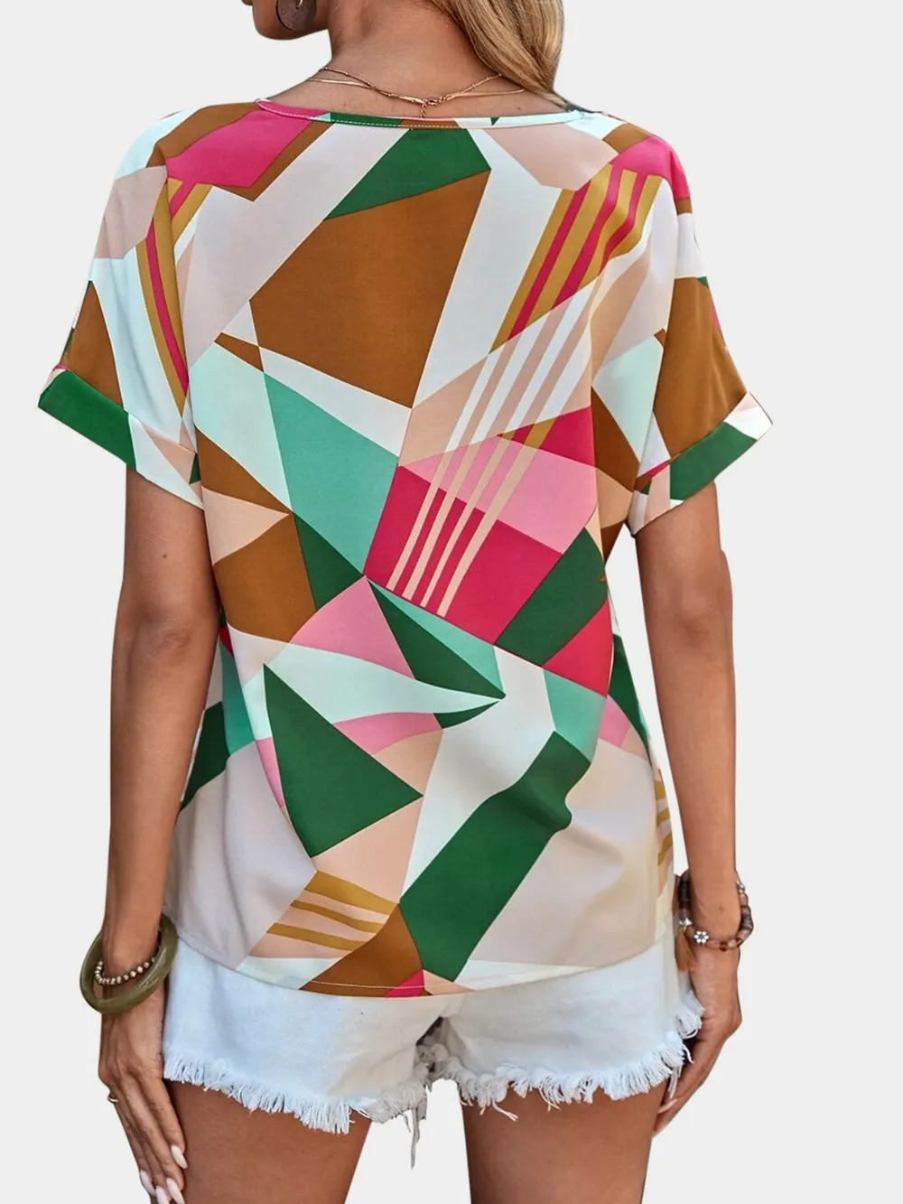 Printed V-Neck Short Sleeve Blouse, image 22