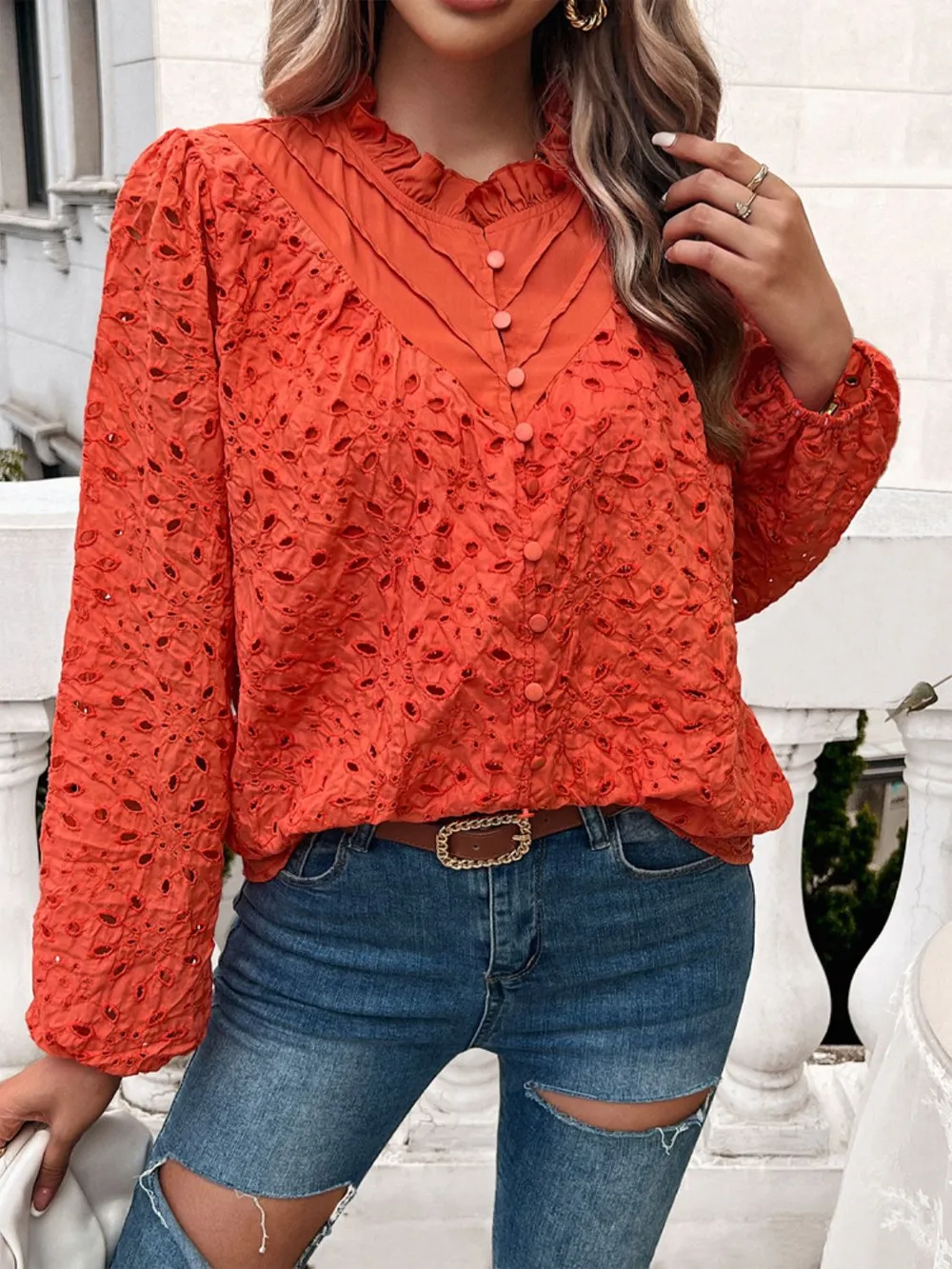 Frill Round Neck Long Sleeve Shirt, image 5