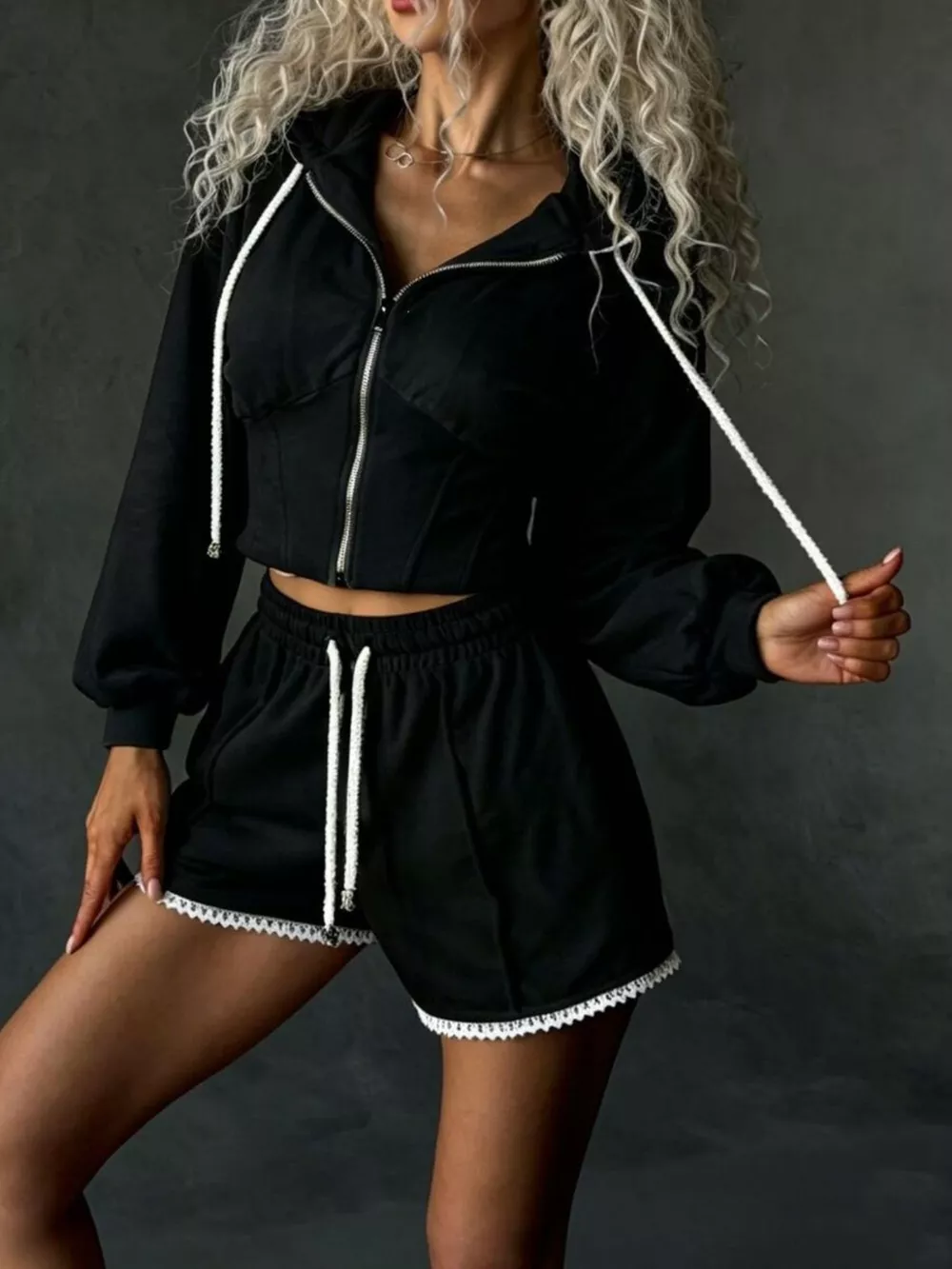 Drawstring Zip-Up Hoodie and Shorts Set, image 6