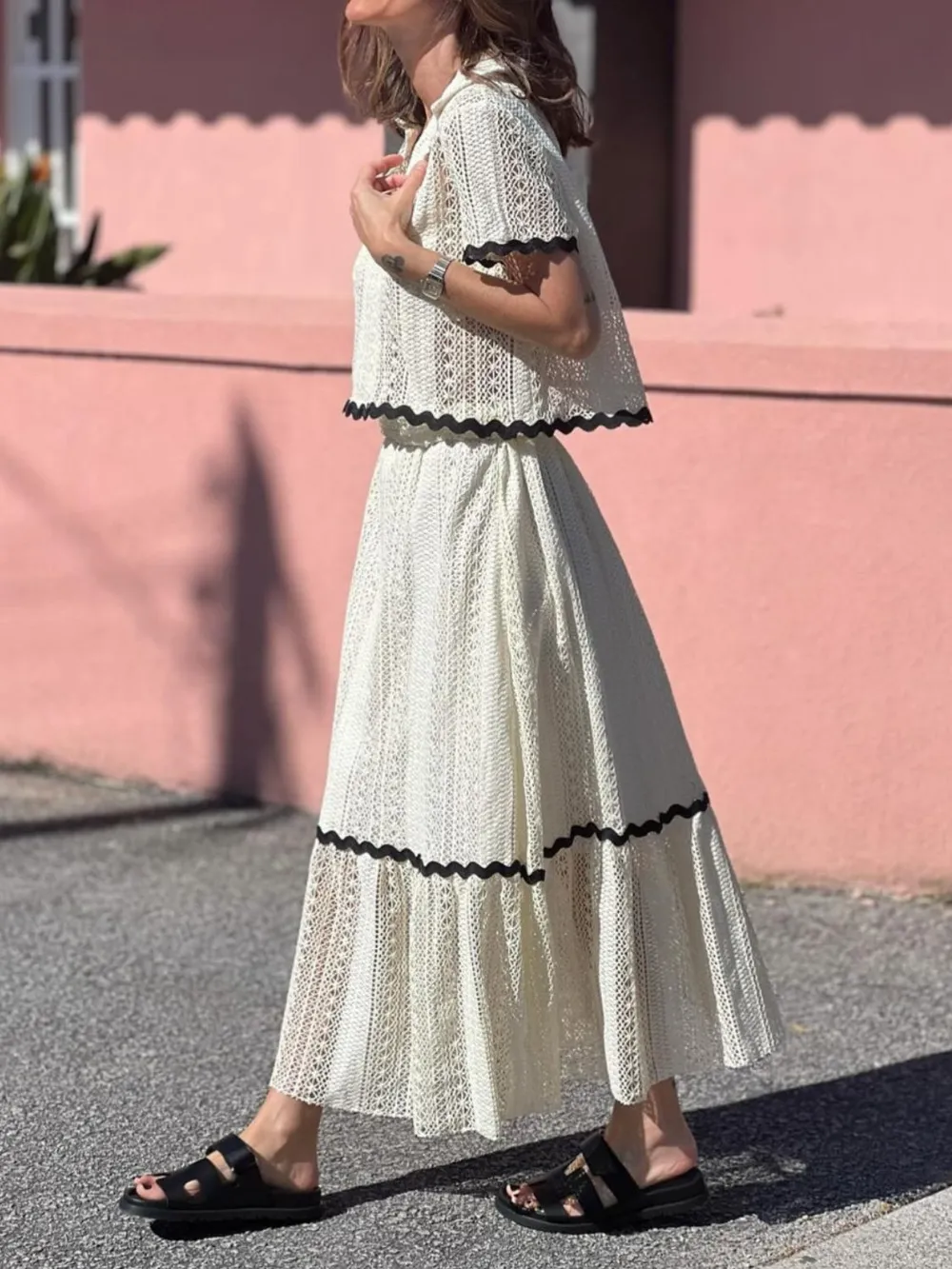 Contrast Trim Openwork Short Sleeve Top and Skirt Set, image 4
