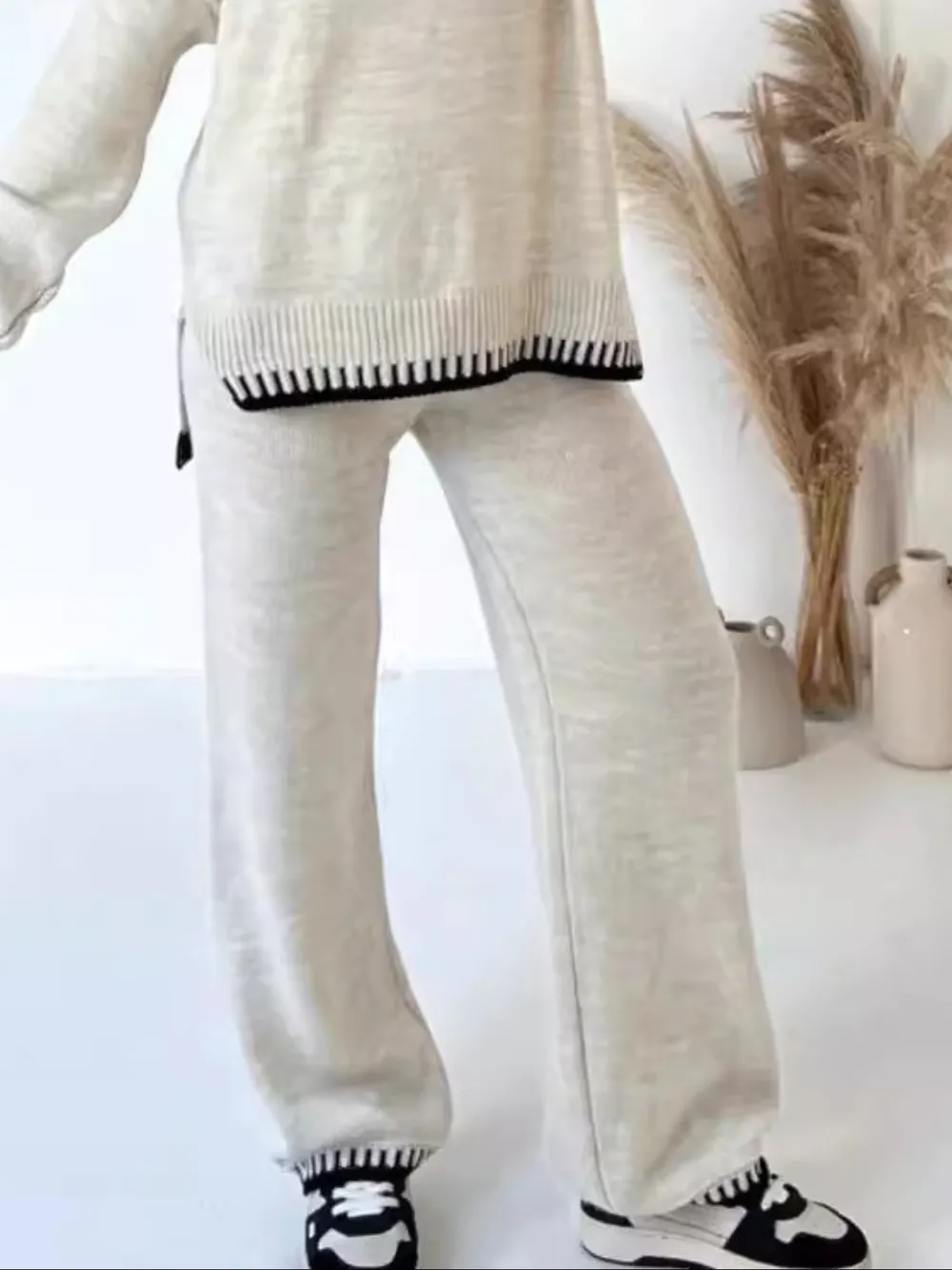 Contrast Trim Round Neck Top and Pants Sweater Set, image 6