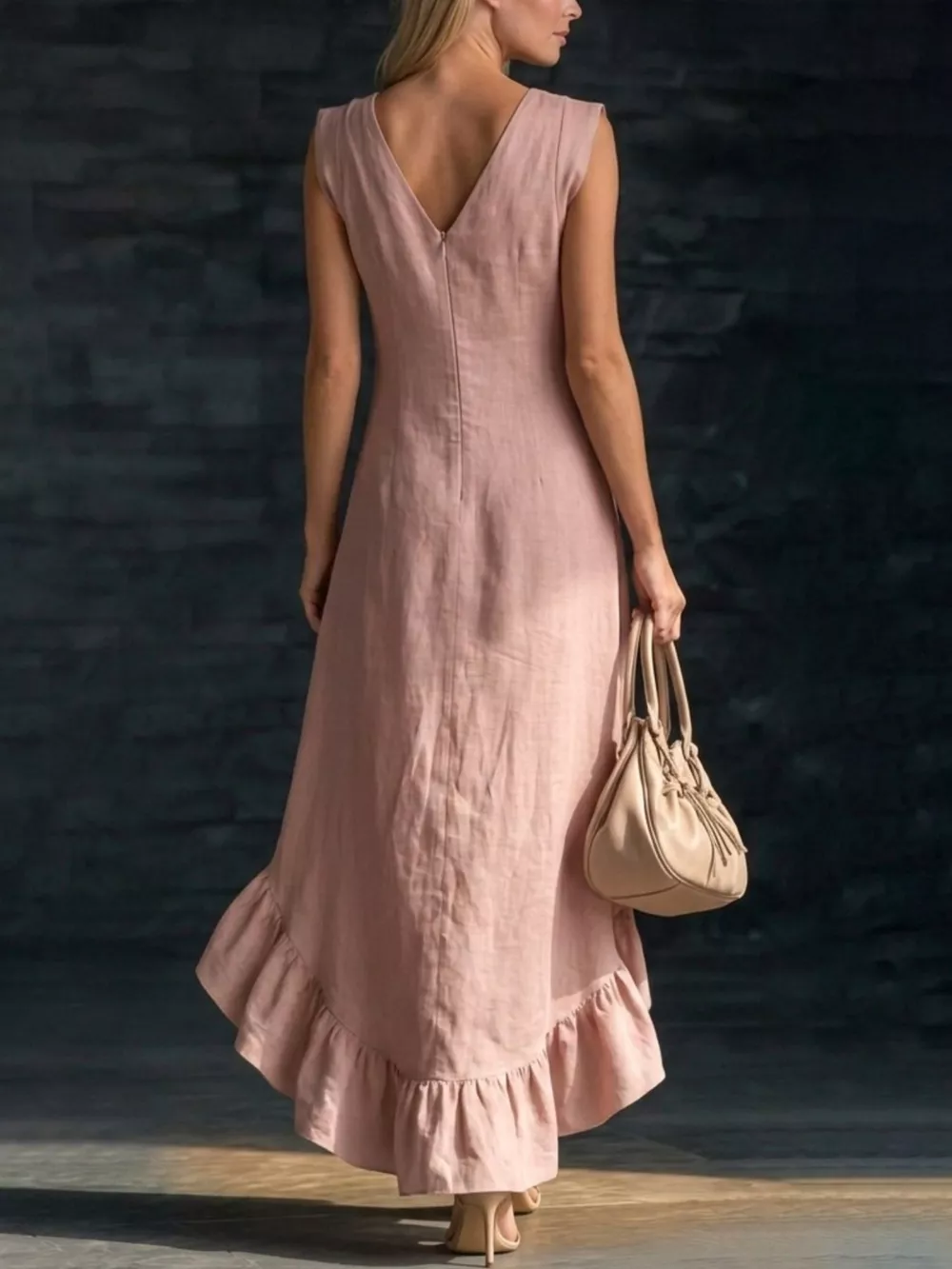 Full Size V-Neck Ruffle Hem High-Low Dress Plus Size, image 2