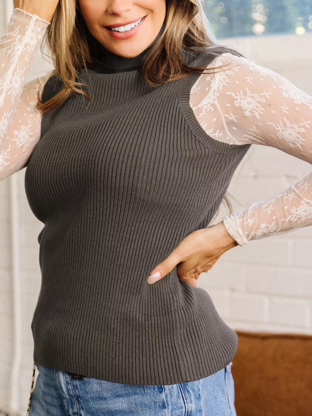 Ribbed Knit High Neck Sleeveless Waist Slim Fit Sweater Vest, image 4
