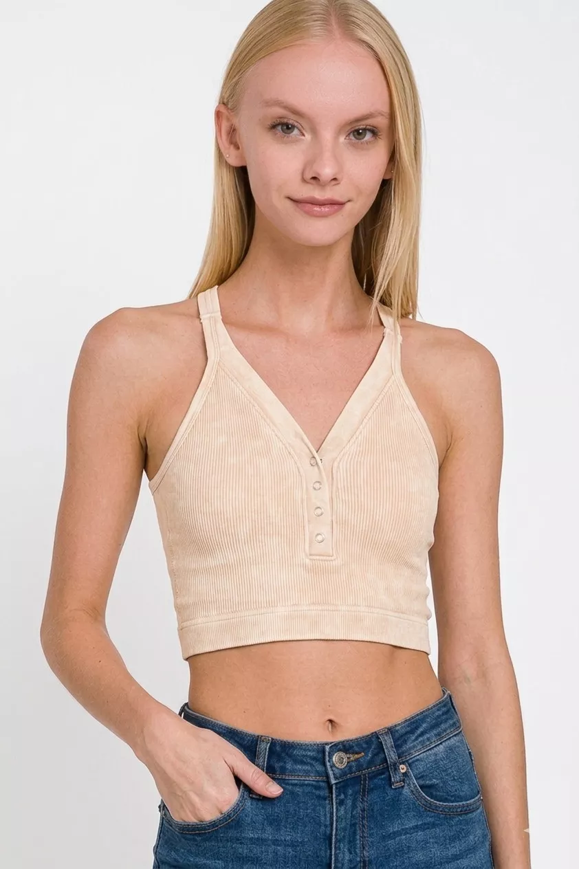 Washed Ribbed Seamless Button V-neck Tank Top, image 3