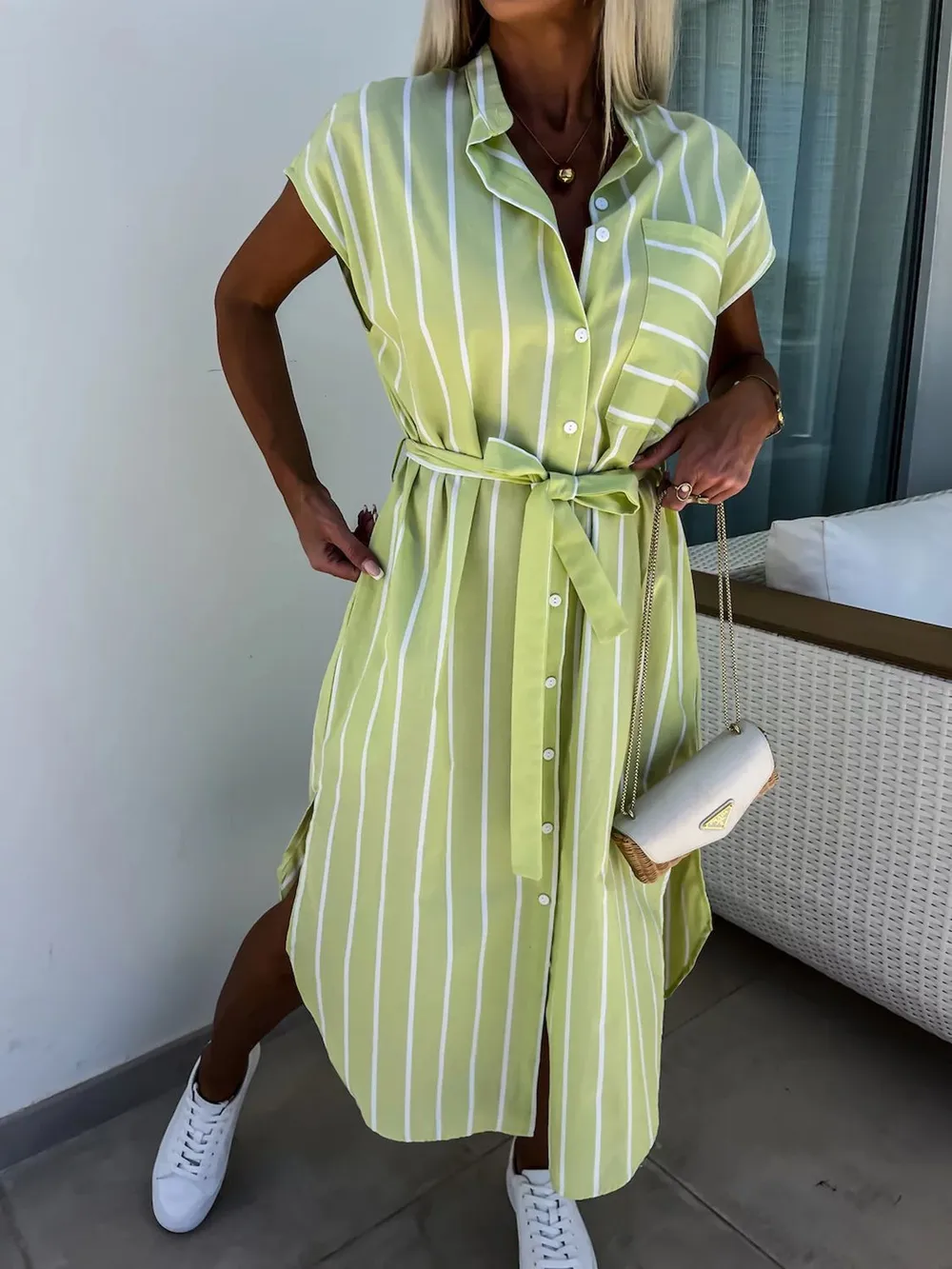 Striped Tie Waist Short Sleeve Dress, image 17