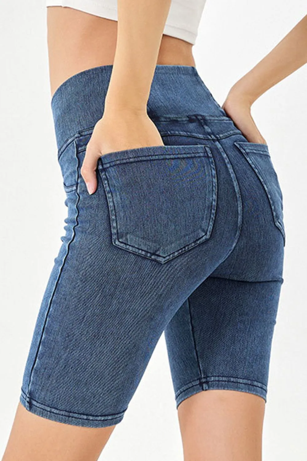 Asymmetrical Waist Denim Shorts with Pockets, image 18