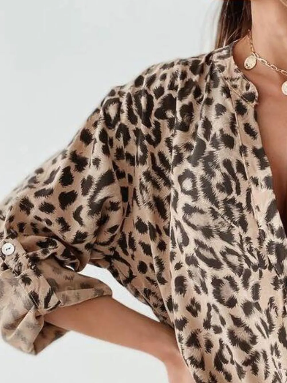 Full Size Leopard Print Roll-Tab Sleeves Blouse Plus Size, image 9