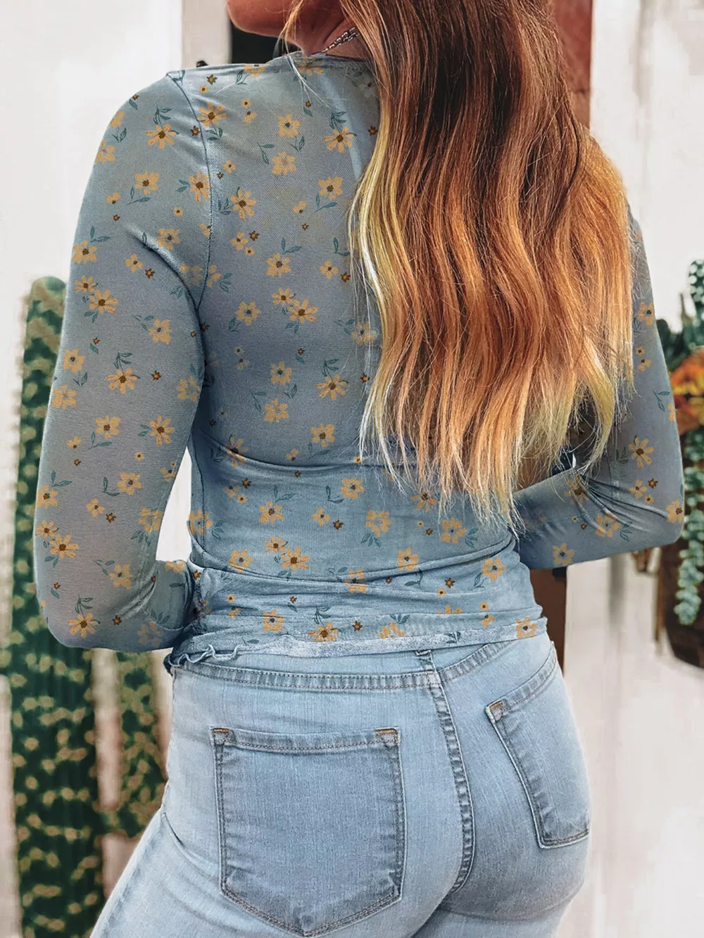 Floral Print Long Sleeve Mesh Blouse, image 6