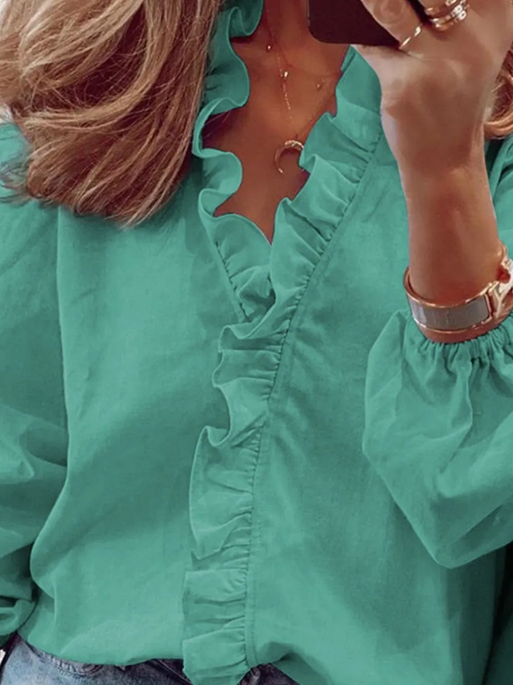 Ruffled V-Neck Long Sleeve Blouse, image 22