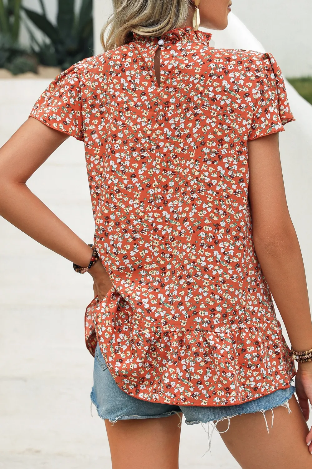 Ditsy Floral Mock Neck Short Sleeve T-Shirt, image 4