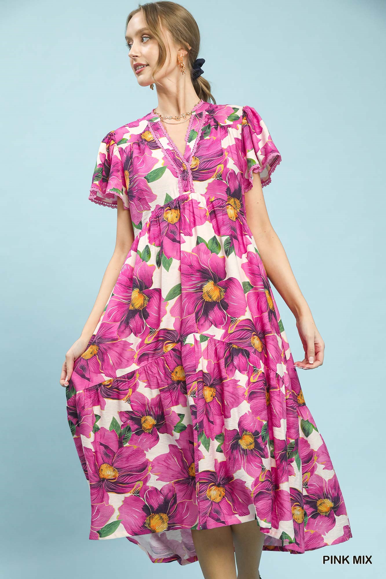 Tropical Floral V-Neck Flutter Sleeve Tiered Midi Dress