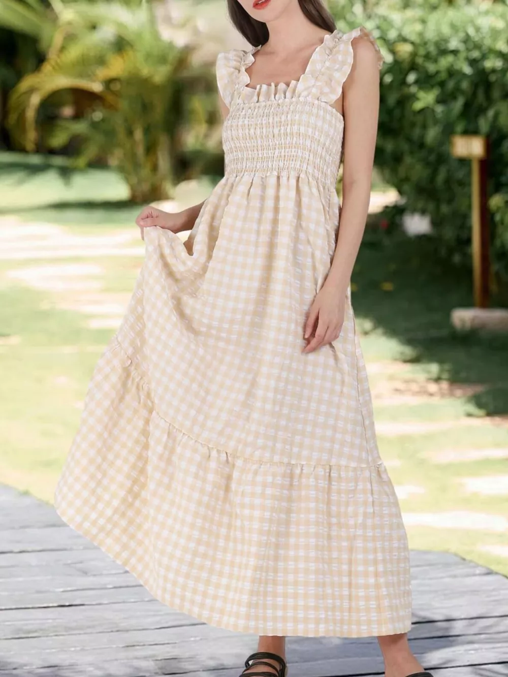 Ruffled Sleeveless Gingham Midi Dress