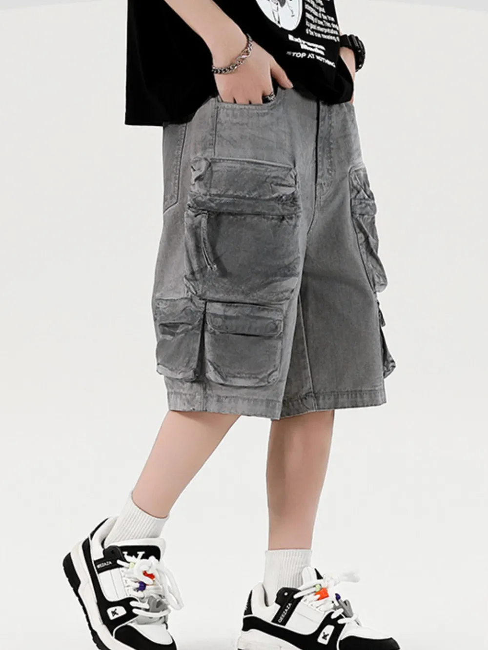 Men's Wide Leg Cargo Denim Shorts, image 3