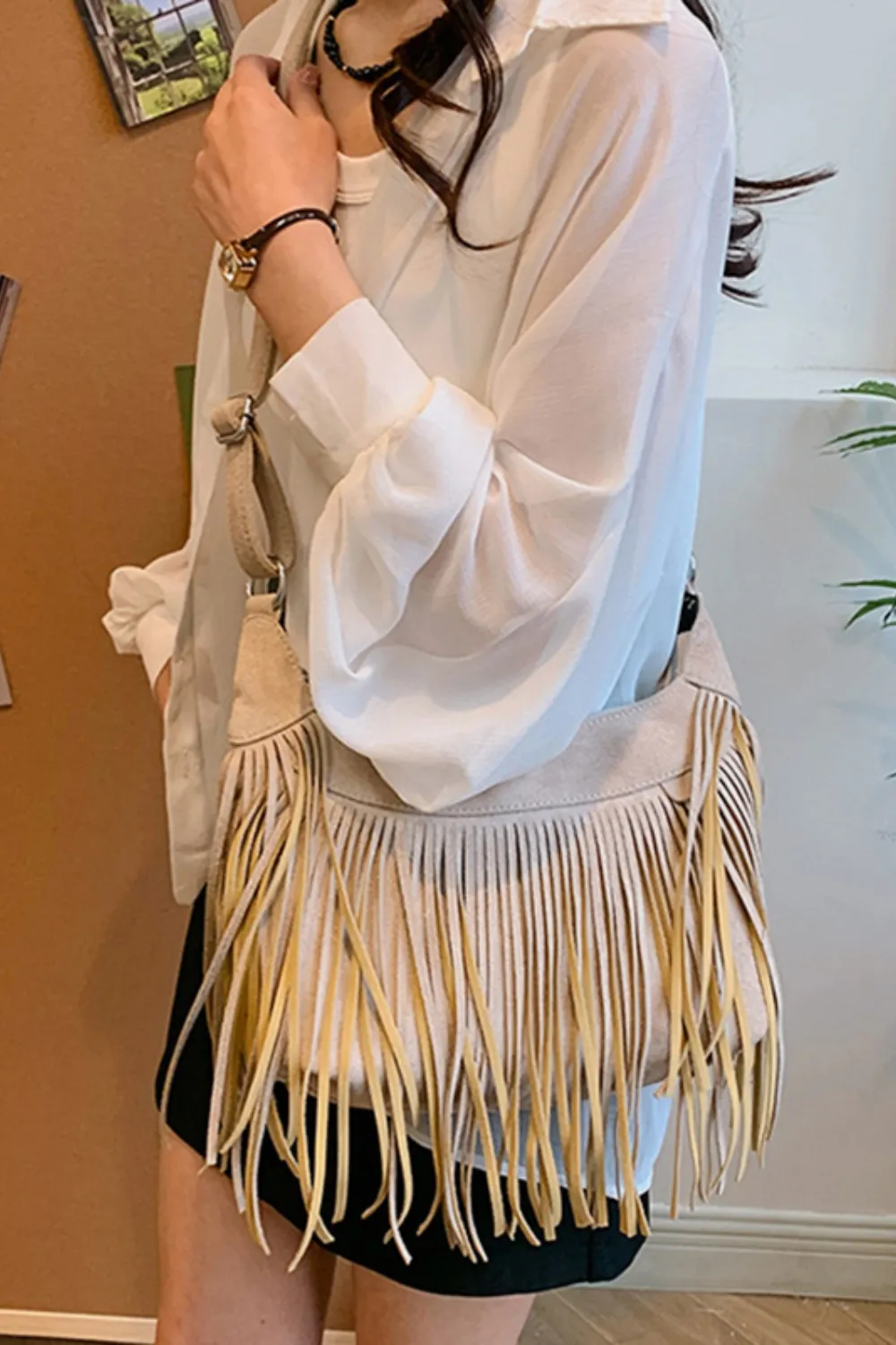 Suede Fringe Adjustable Strap Shoulder Bag, image 16