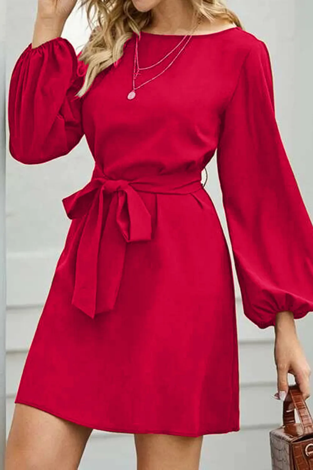 Tied Boat Neck Balloon Sleeve Mini Dress, image 6