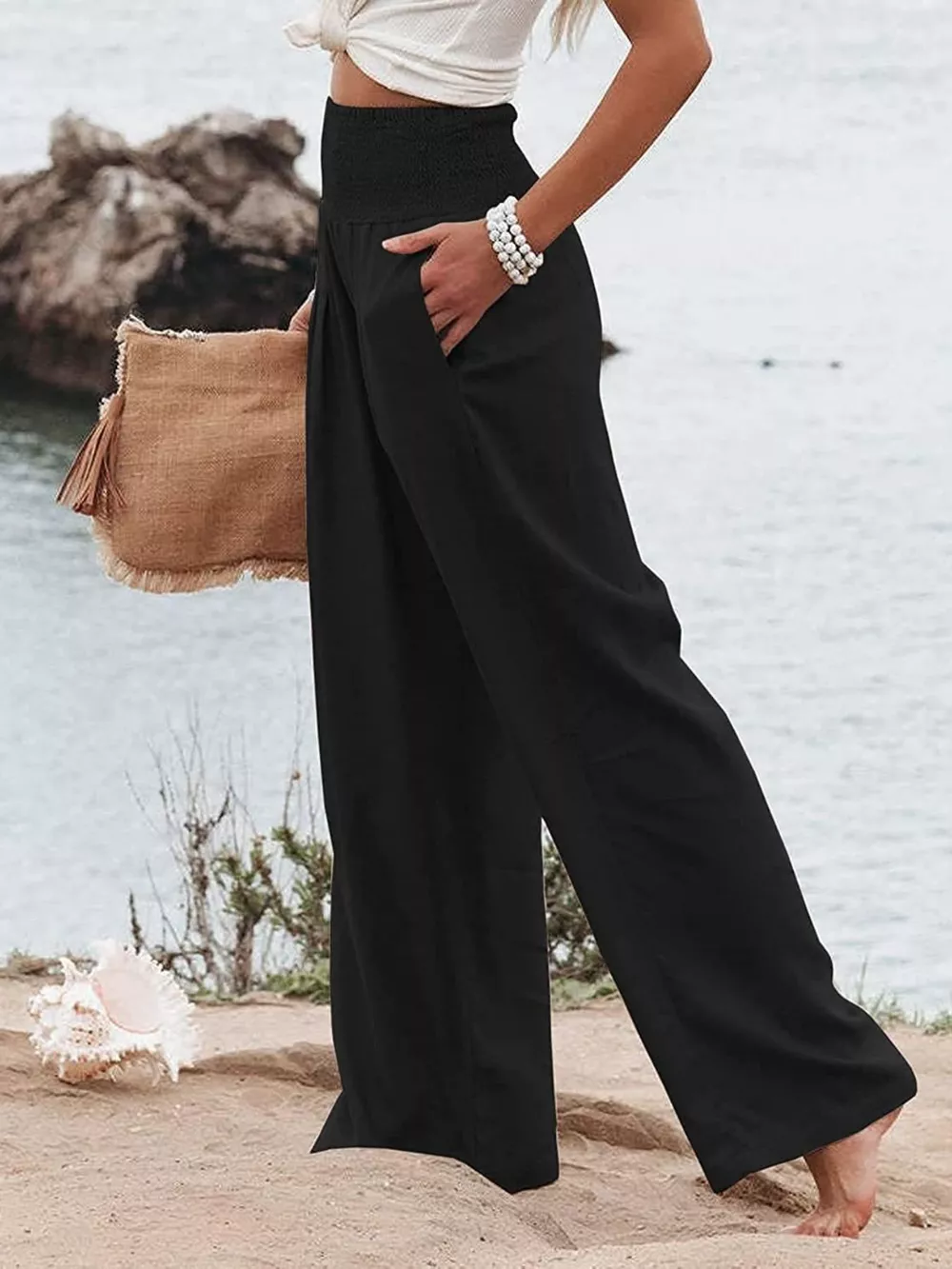 Smocked High Waisted Wide Leg Pants, image 7
