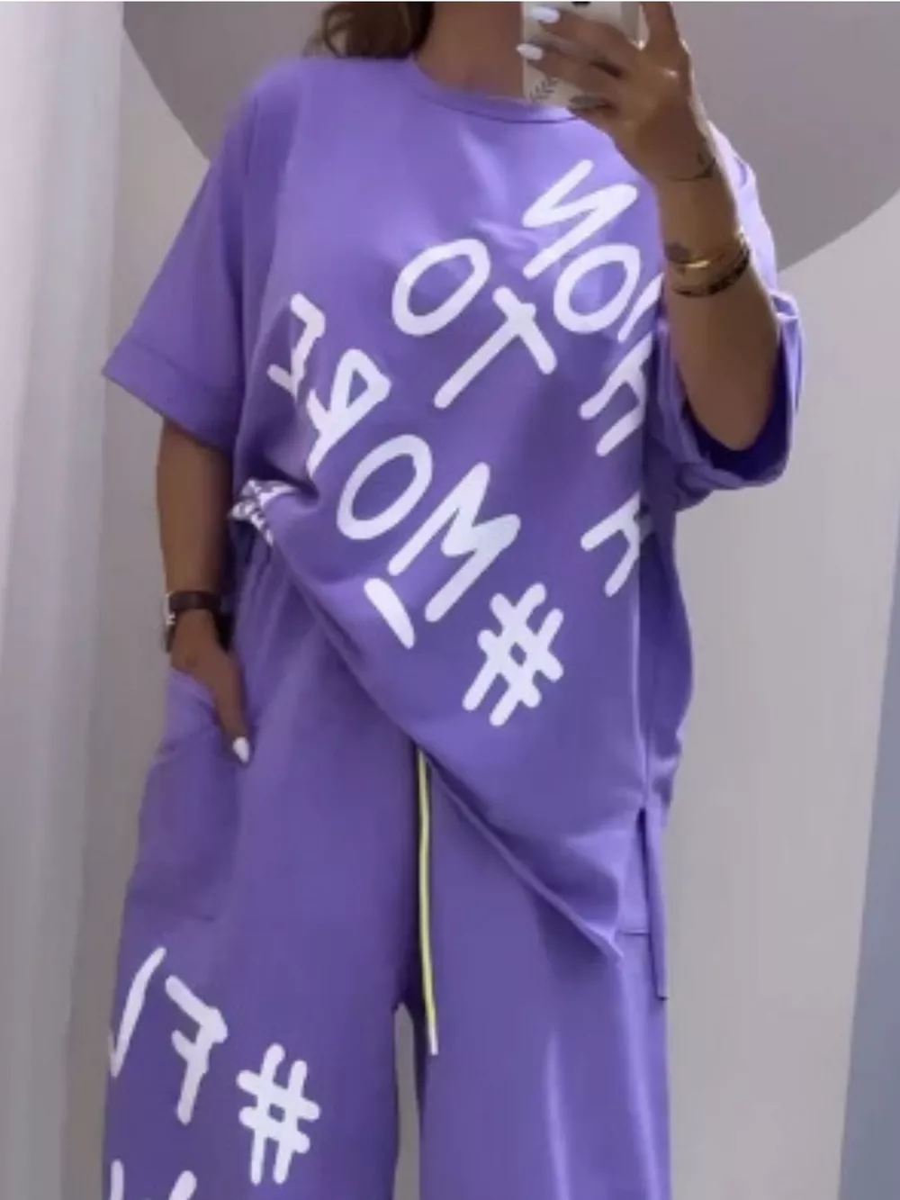 Full Size Letter Round Neck Tee and Drawstring Pants Set Plus Size, image 5