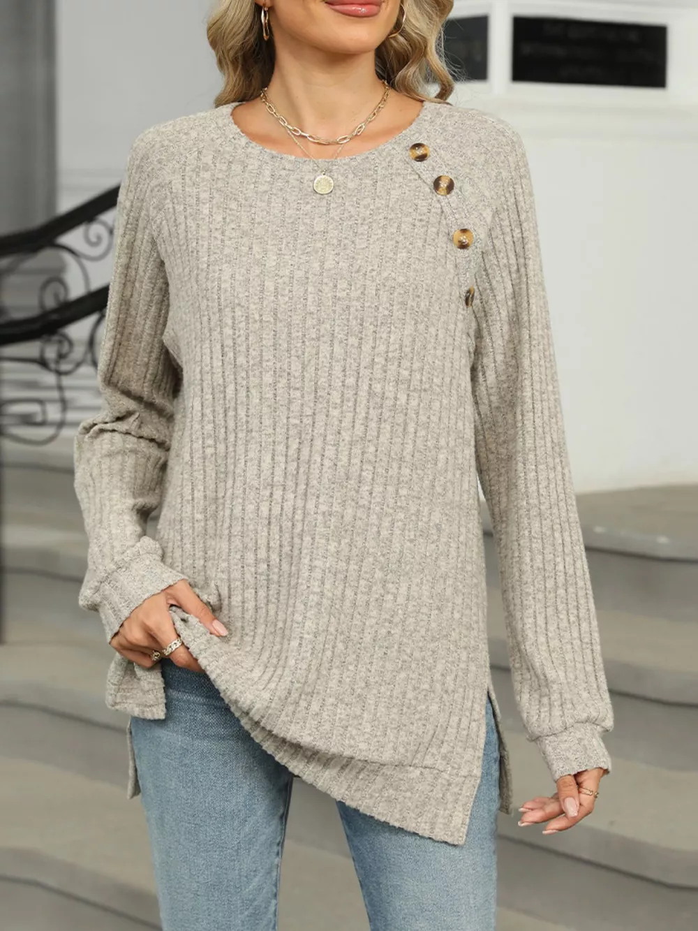 Round Neck Side Slit Ribbed Knit Top with Asymmetric Button Detail, image 5