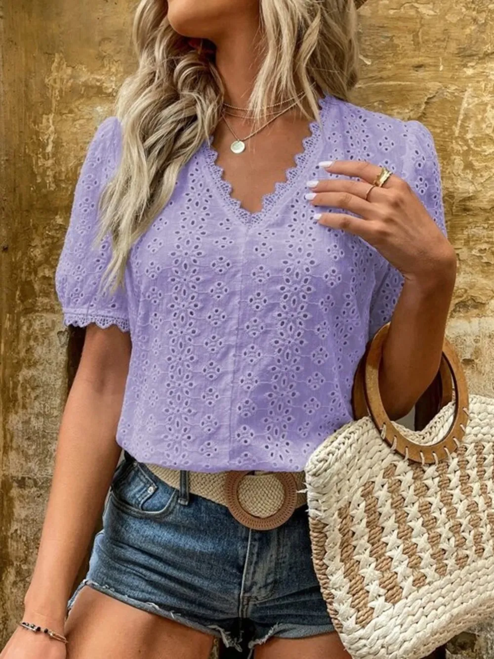 Full Size Eyelet V-Neck Short Sleeve Blouse Plus Size, image 14