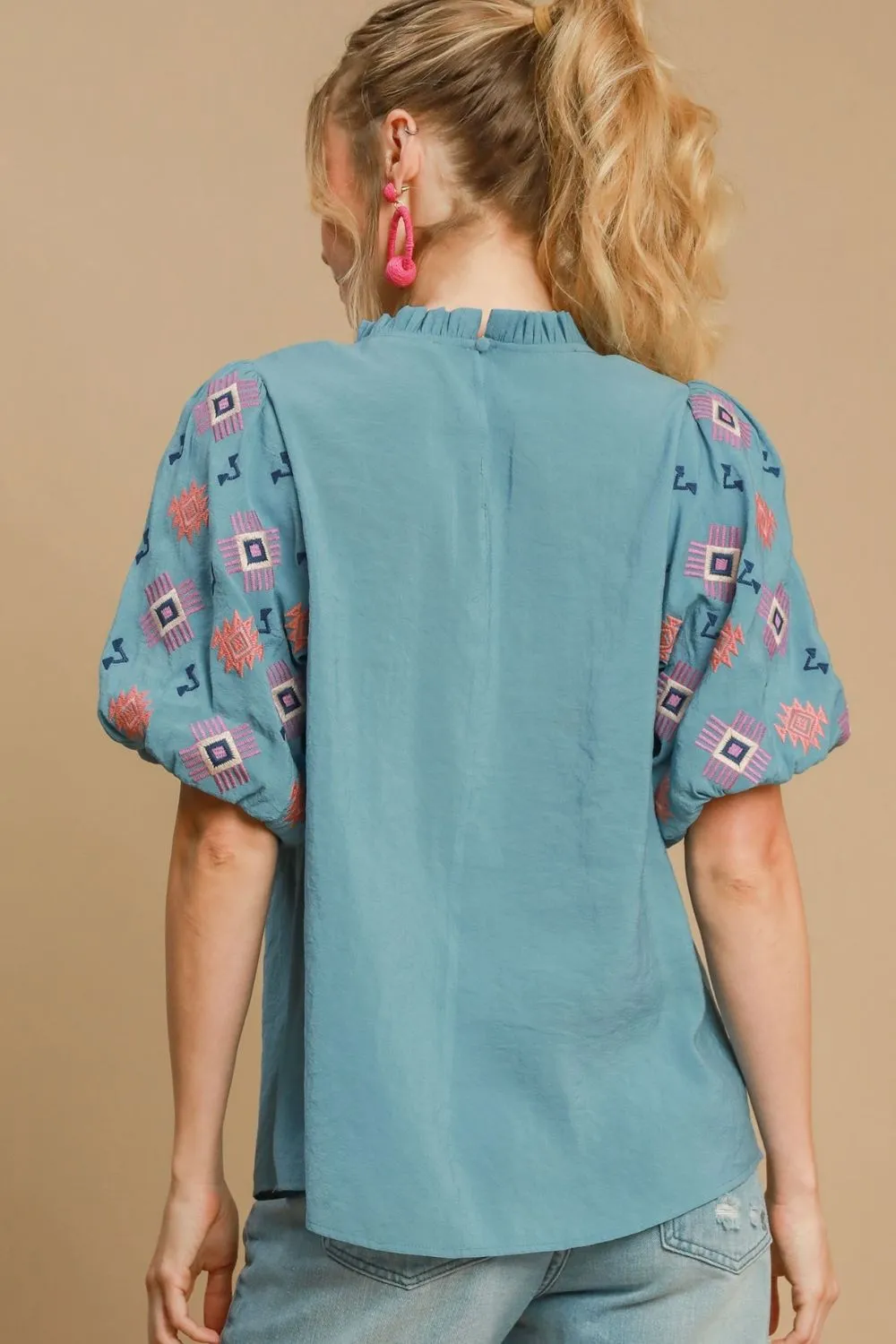 Full Size Embroidered Puff Sleeve Mock Neck Top Plus Size, image 3
