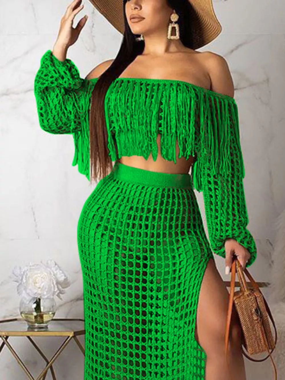 Full Size Crochet Off-Shoulder Fringe Top and Skirt Set Plus Size, image 17