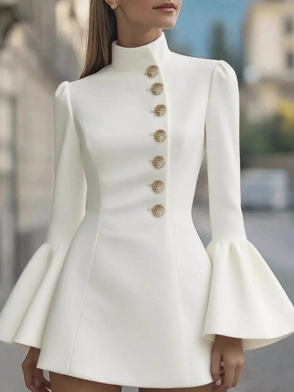 Bell Sleeve Mini Dress with Front Button, image 9