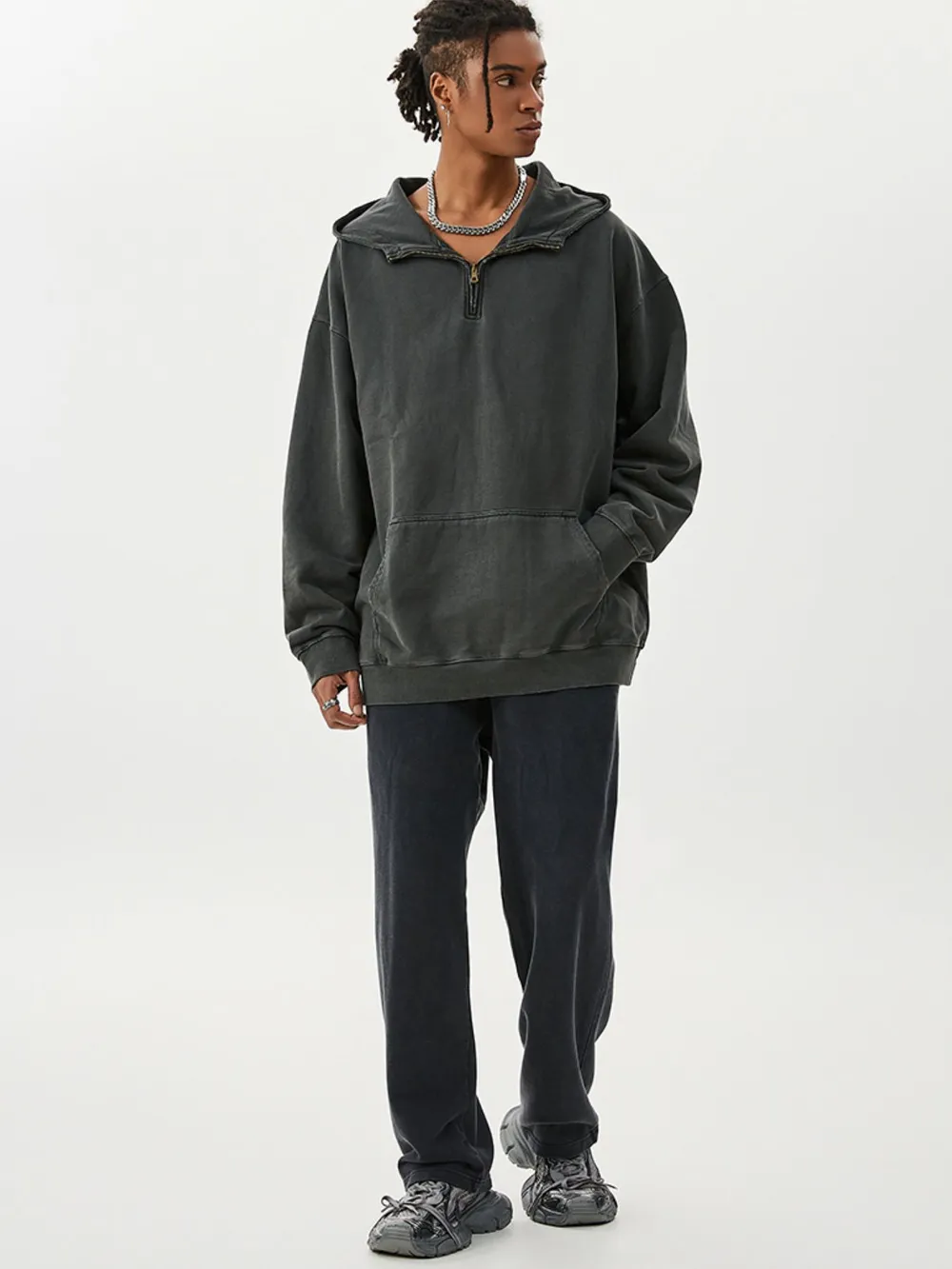 Men's Washed Quarter-Zip Hoodie with Kangaroo Pocket, image 5