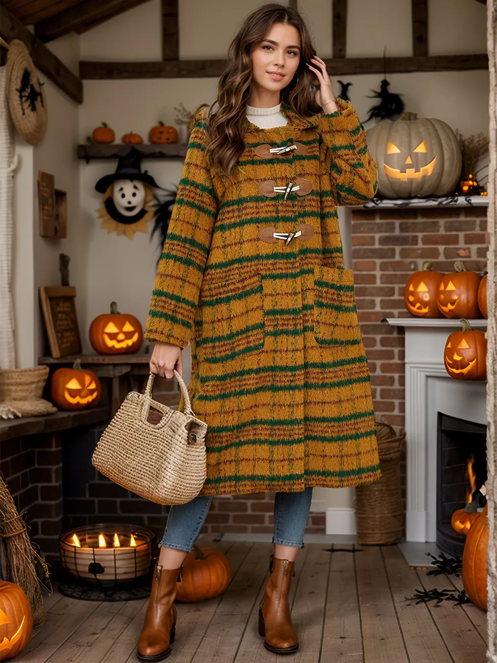 Plaid Long Sleeve Hooded Coat with Pockets, image 10