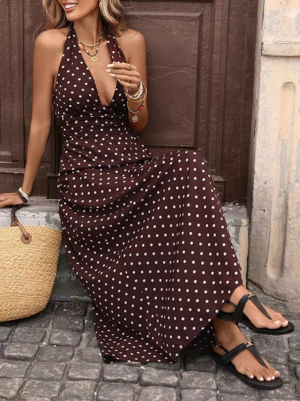 Halter Neck Polka Dot Maxi Dress, image 11