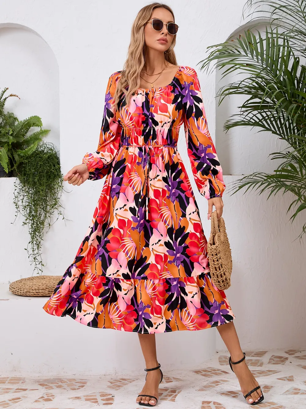 Printed Long Sleeve Midi Dress, image 4