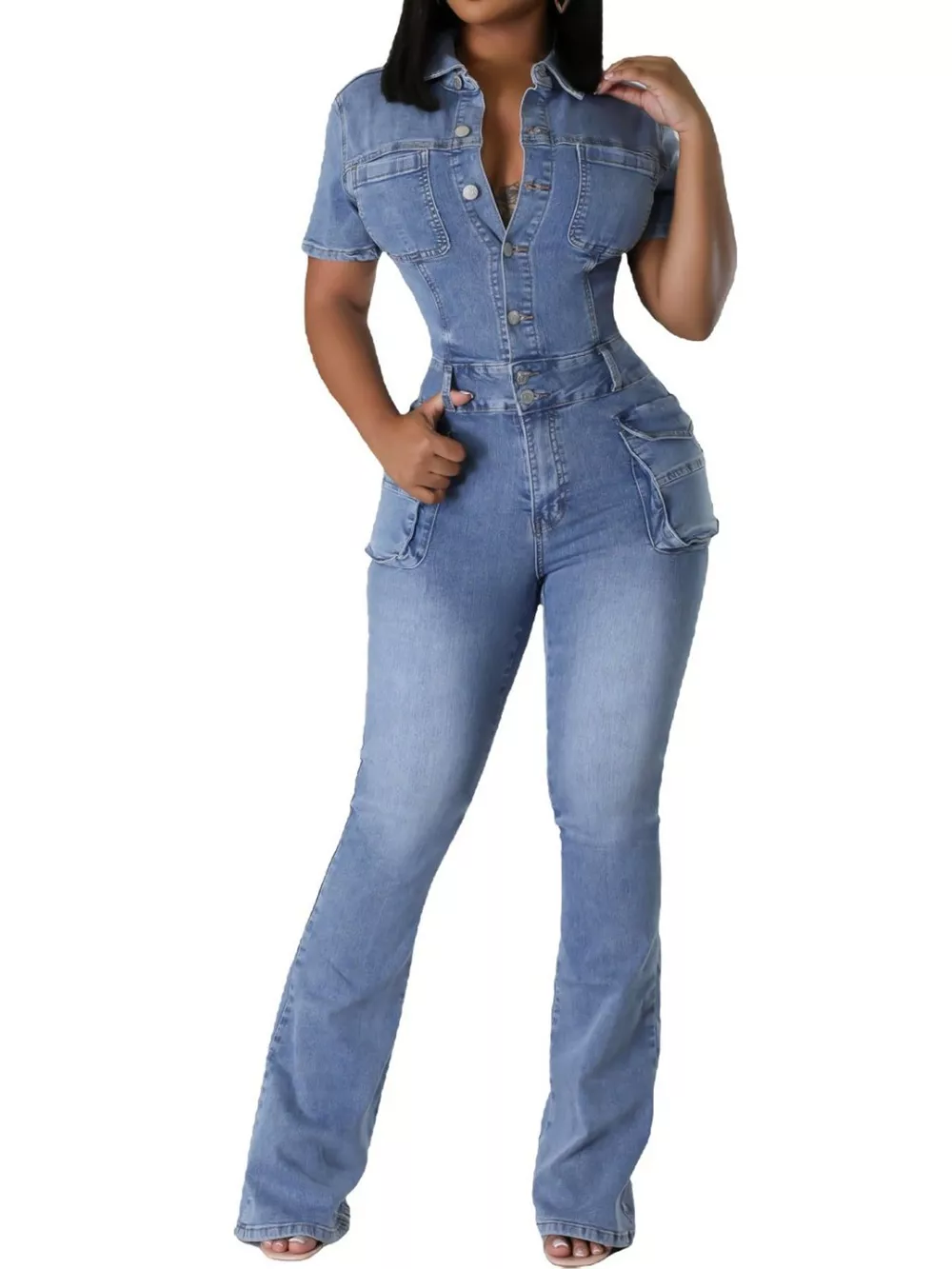 Slim-Fit Denim Jumpsuit with Utility Cargo Pockets and Flared Legs, image 5