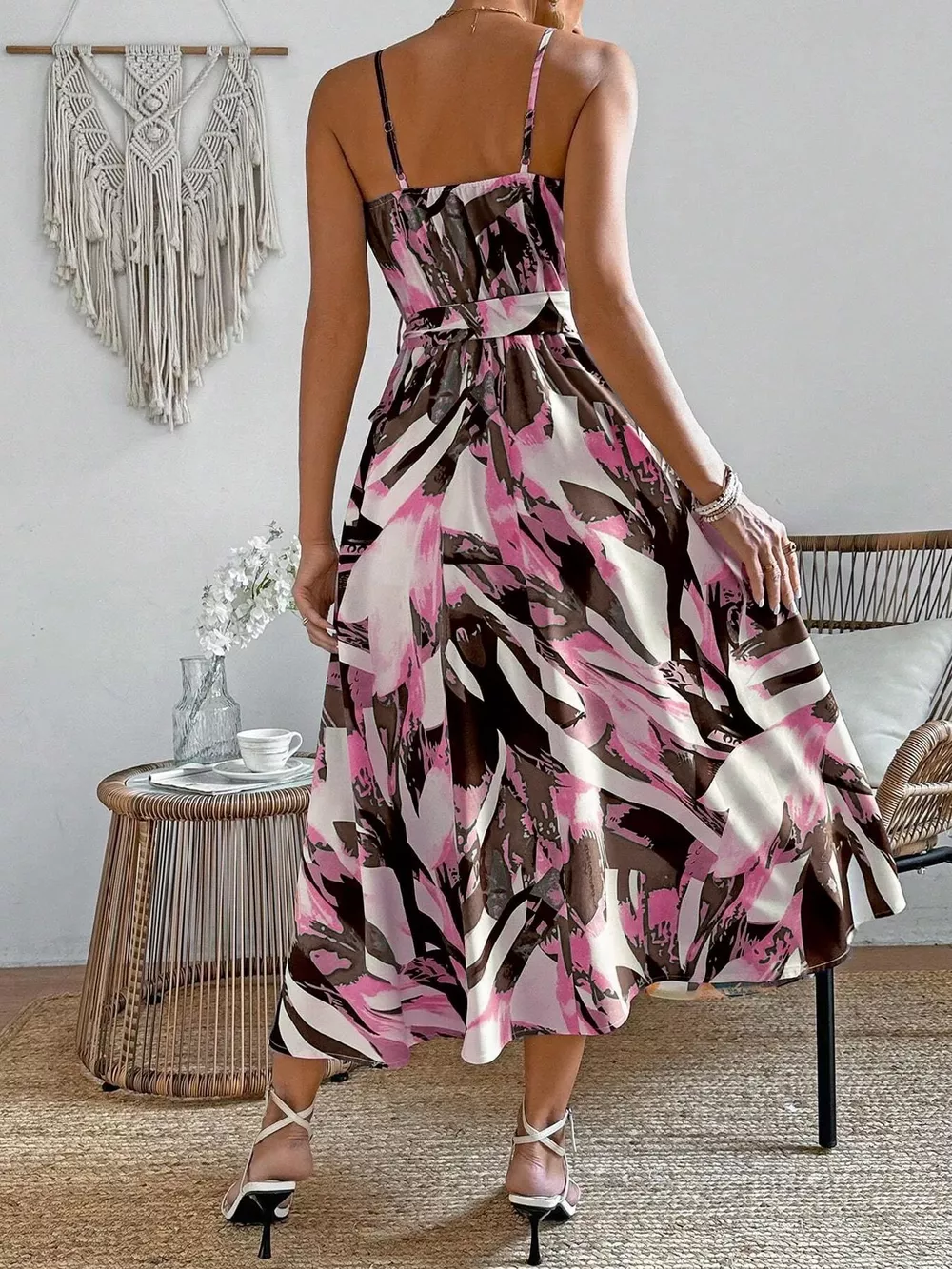 Abstract Print Tie Waist Cami Dress, image 8