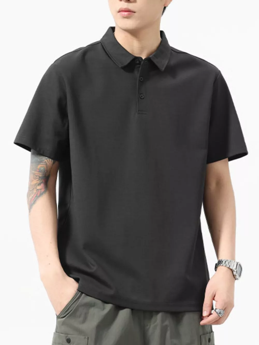 Men's Full Size Button Detail Short Sleeve Polo Plus Size