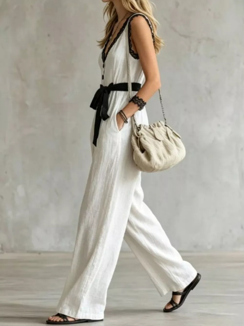 Lace Trim Sleeveless Wide Leg Jumpsuit, image 4