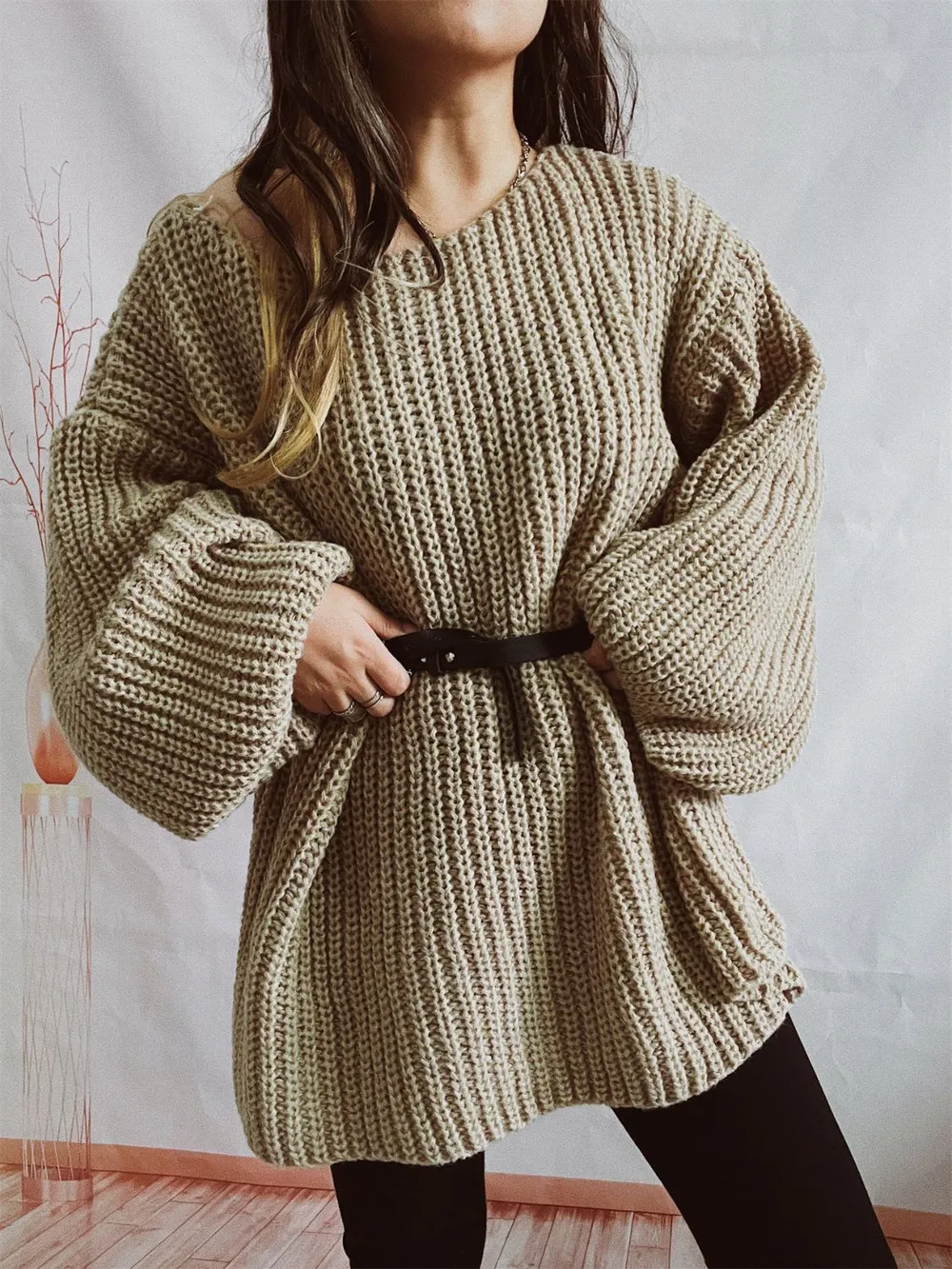 Boat Neck Long Sleeve Sweater with Belt, image 2