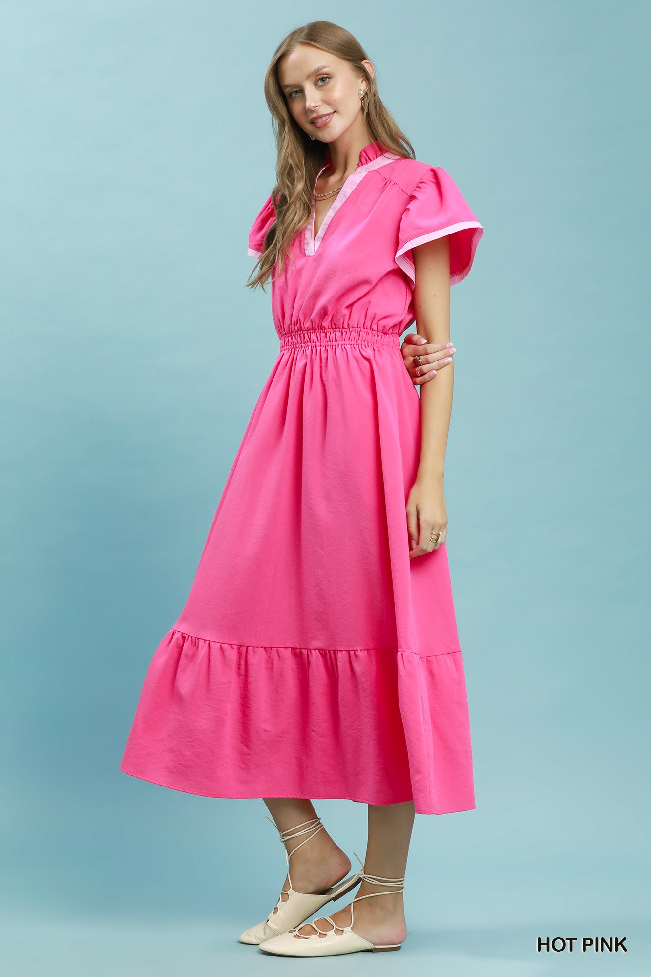 Contrast Trim Midi Dress with Tiered Ruffle Hem, image 2