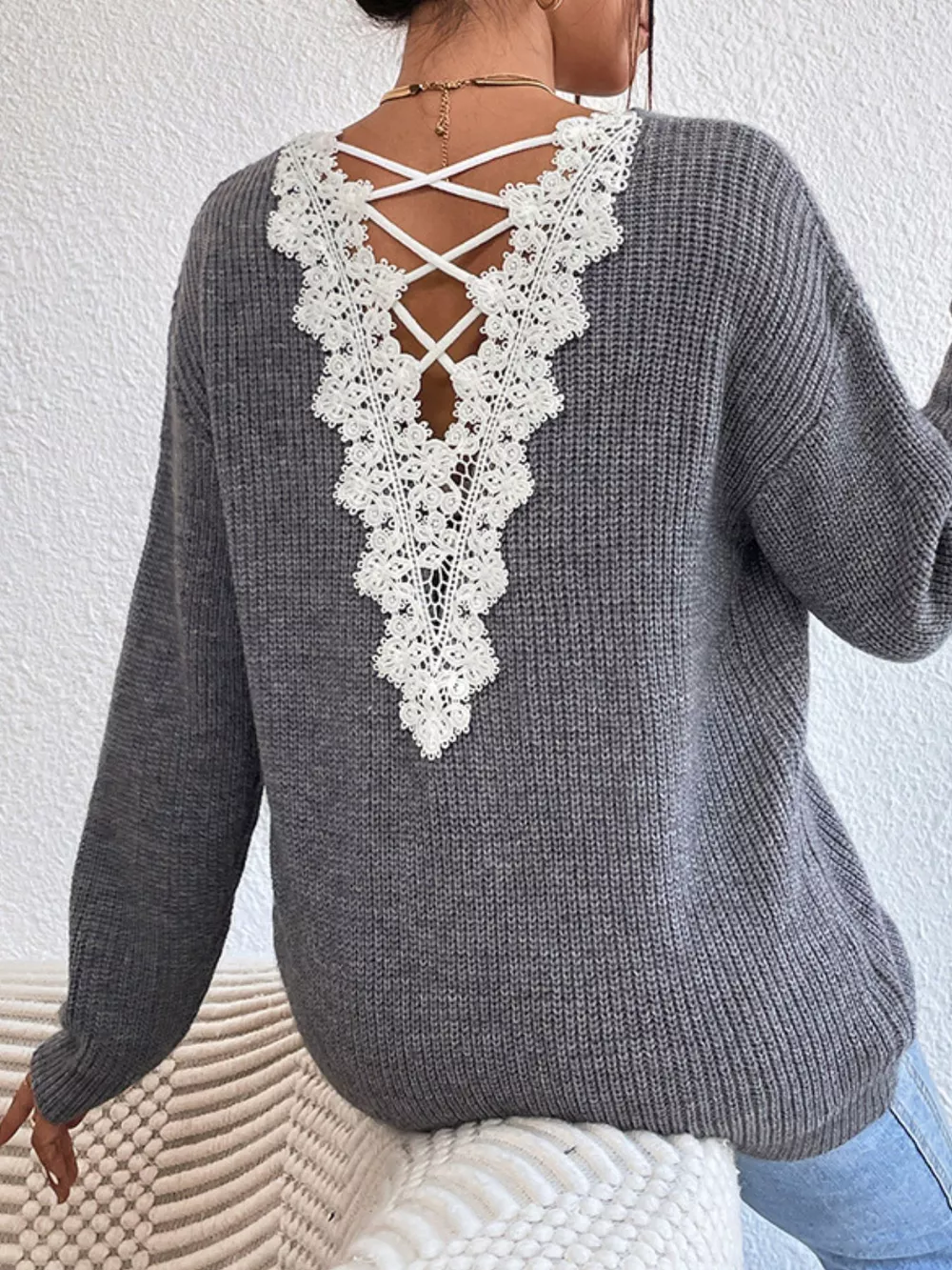 Lace-Trimmed Back V-Neck Sweater, image 2