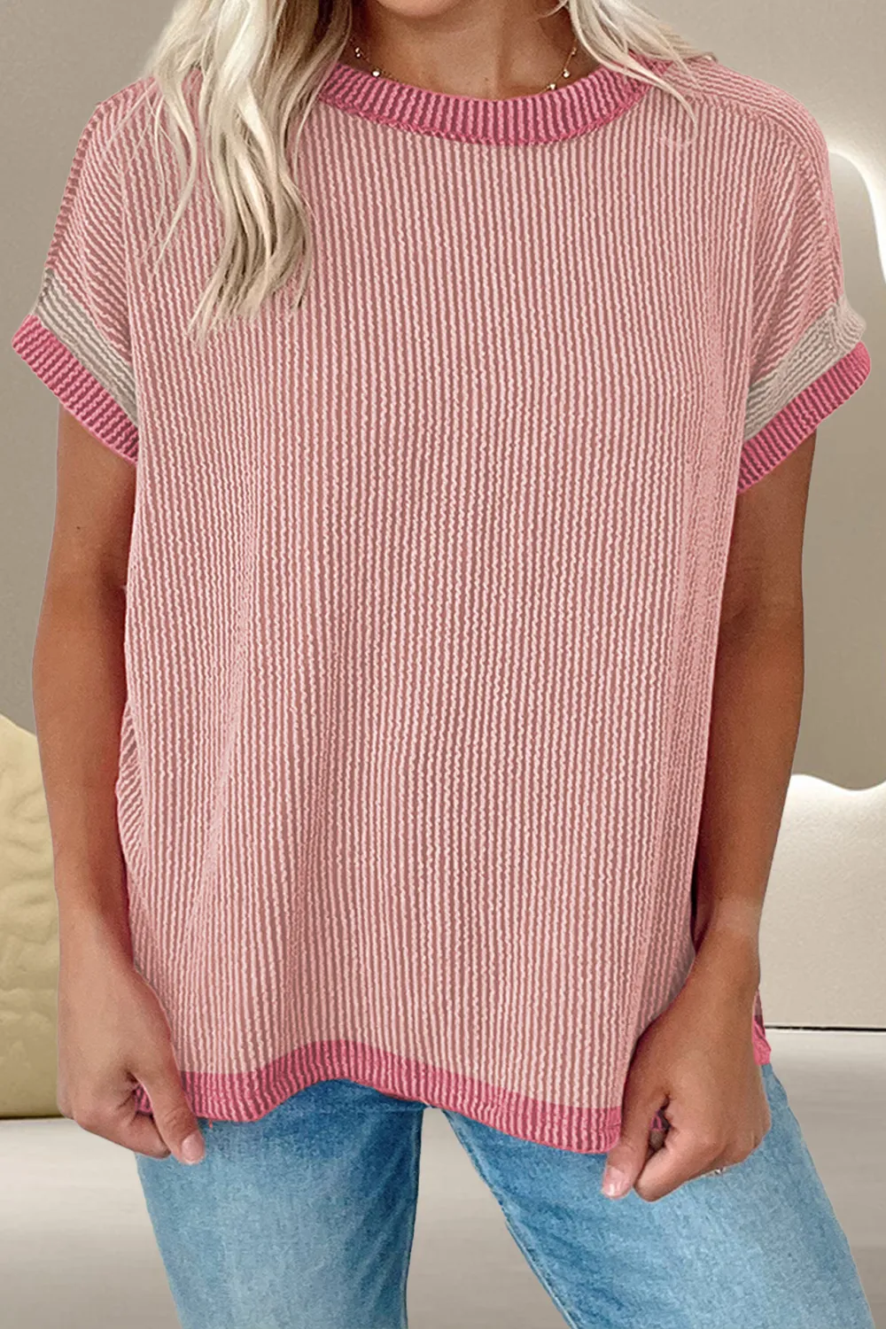 Color Block Round Neck Cap Sleeve T-Shirt, image 11