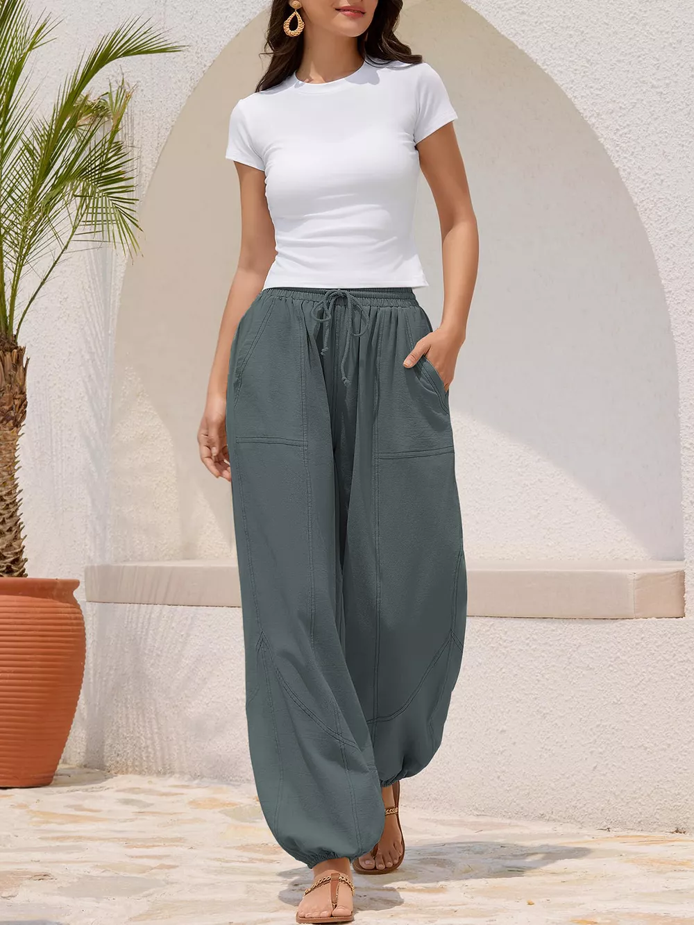 Casual Loose Fit Drawstring Waist Harem Joggers, image 4