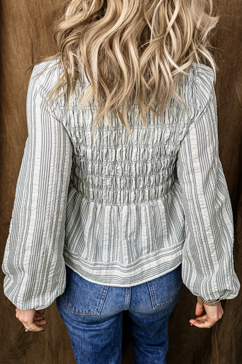 Stripe V Neck Shirred Long Sleeve Blouse, image 5