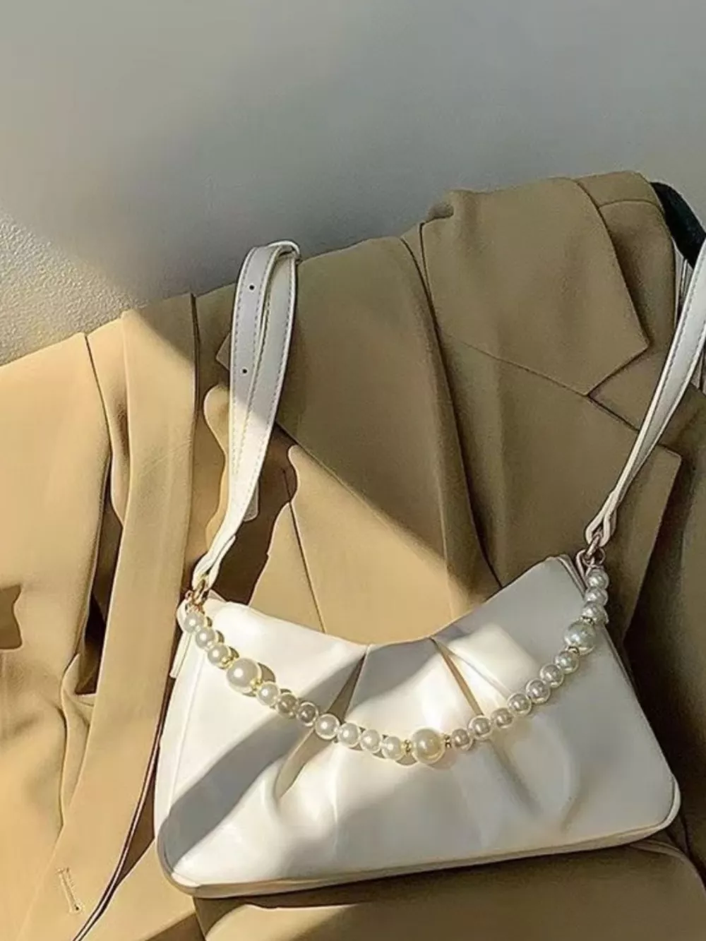 Pearl Embellished Ruched Shoulder Bag, image 5