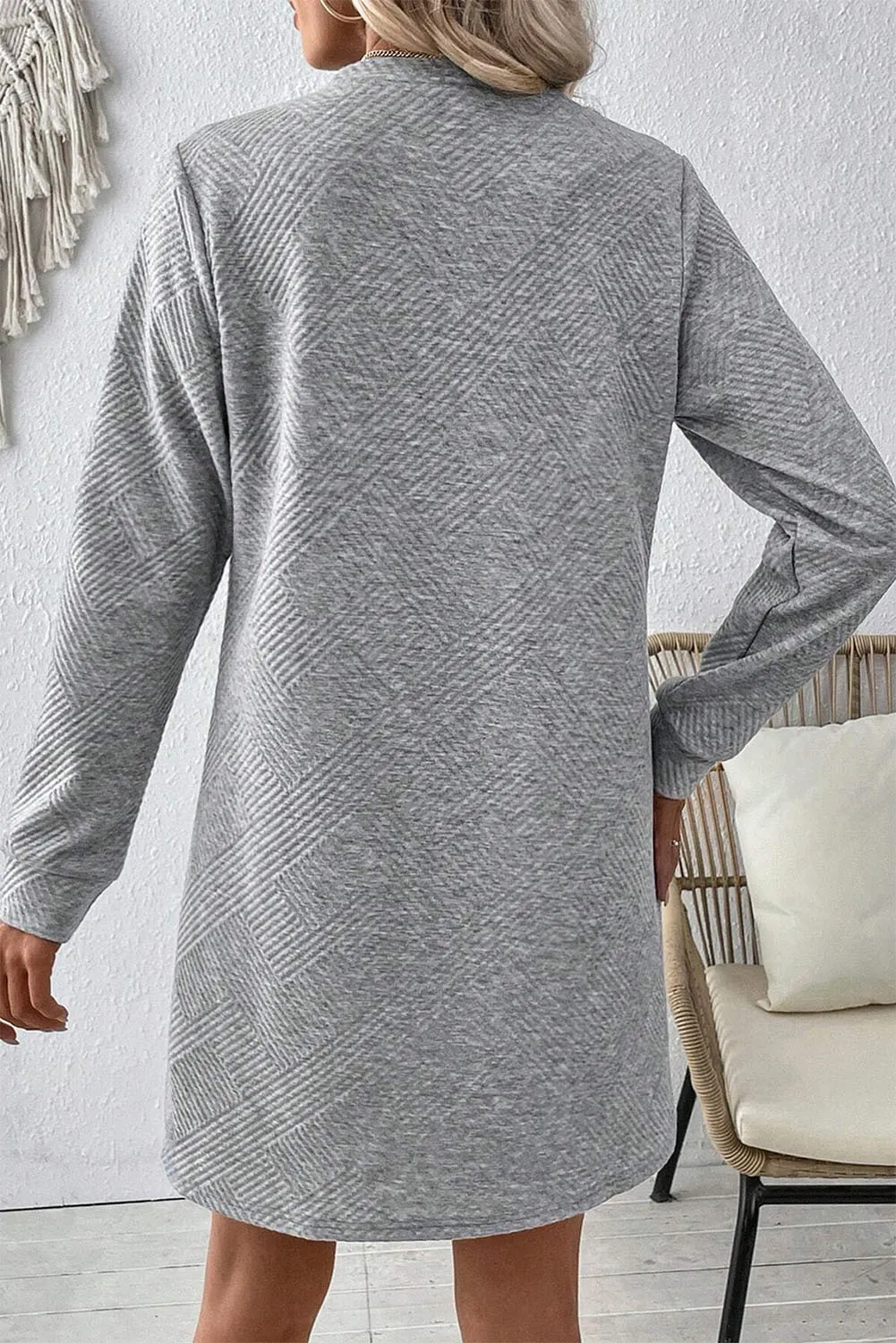 Textured Round Neck Long Sleeve Mini Dress, image 12