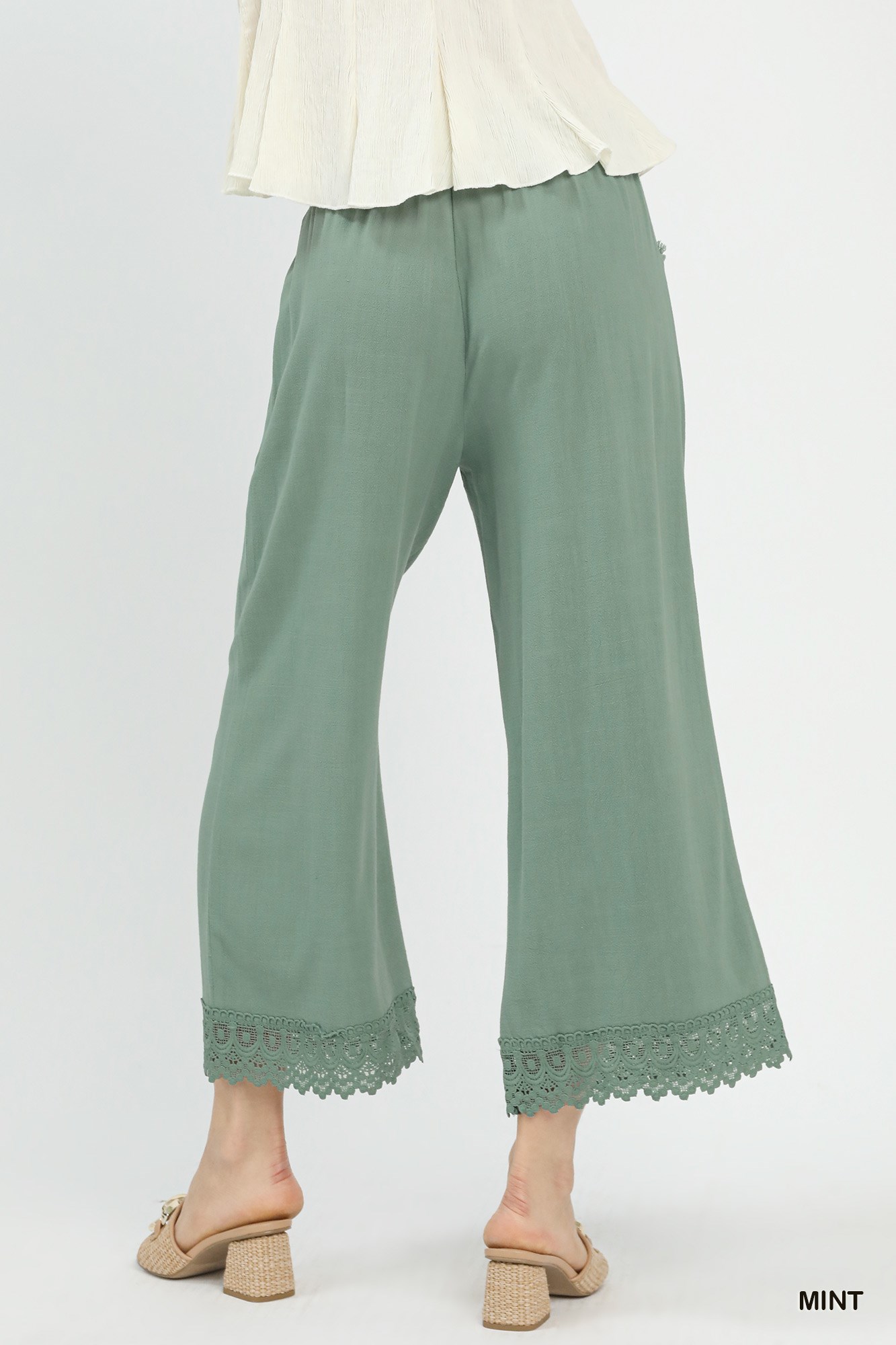 Linen Wide Leg Cropped Pants with Lace Trim, image 5