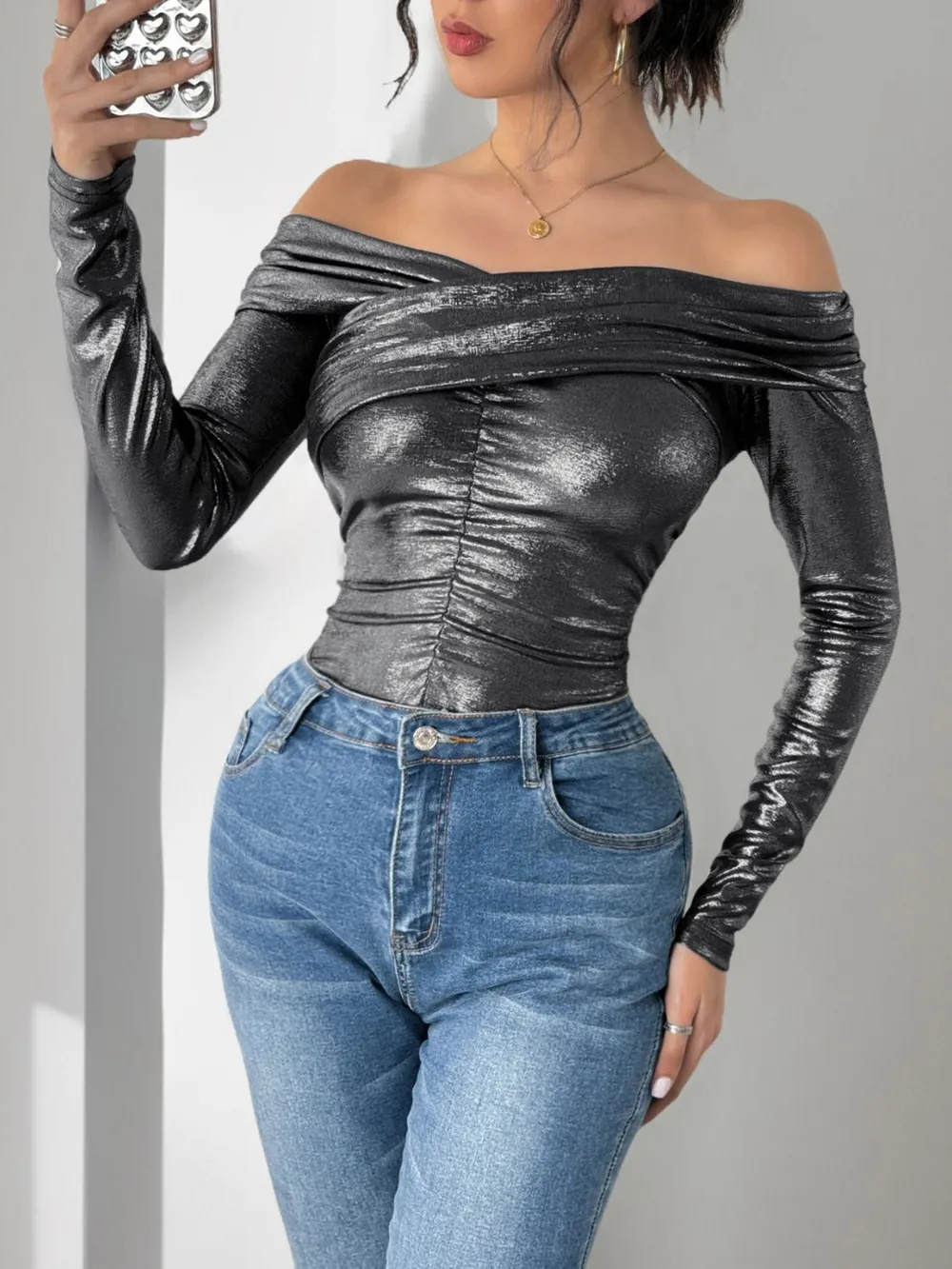 Ruched Off-Shoulder Long Sleeve Bodysuit, image 6