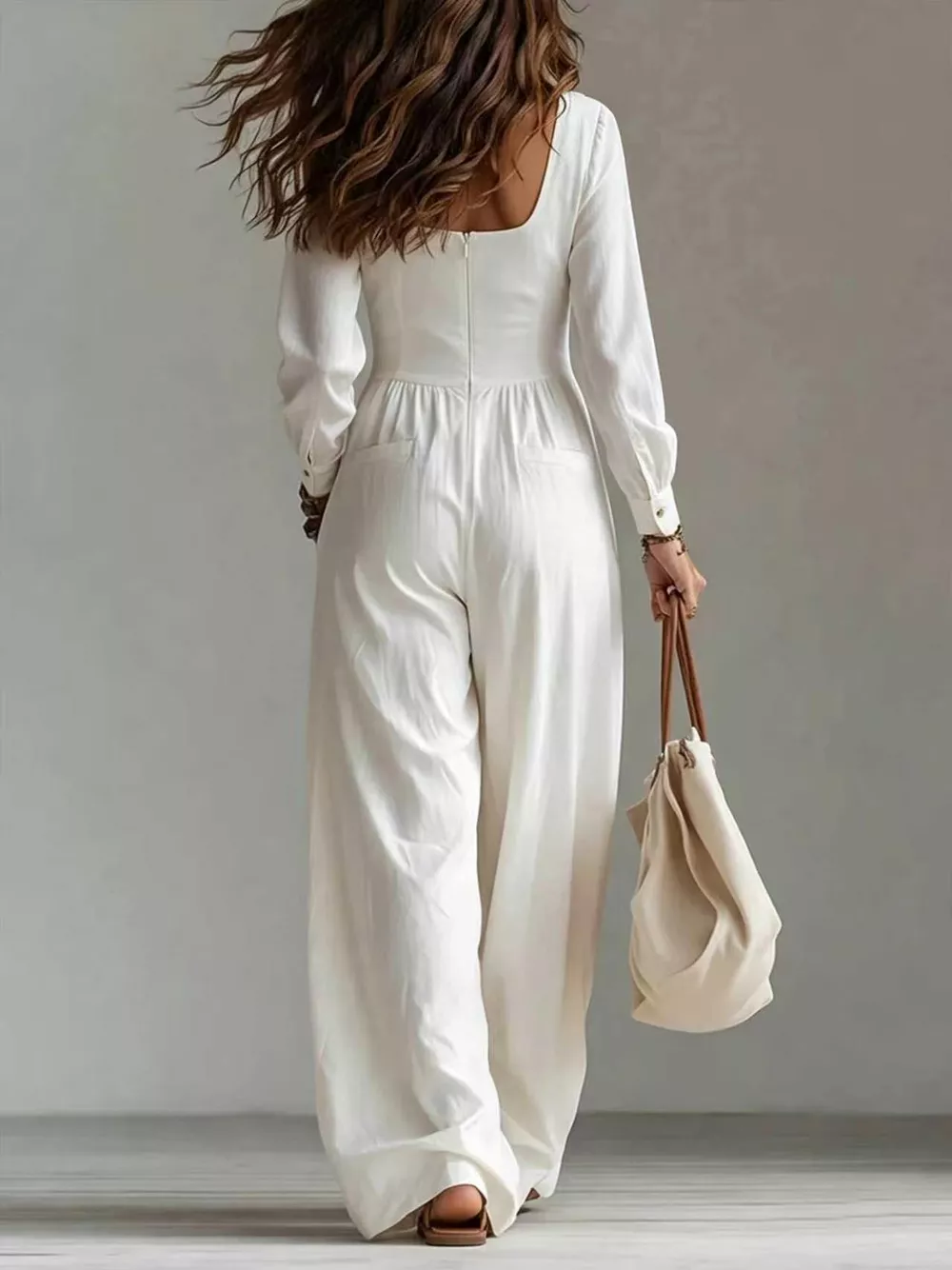 V-Neck Long Sleeve Button-Down Wide Leg Jumpsuit, image 3