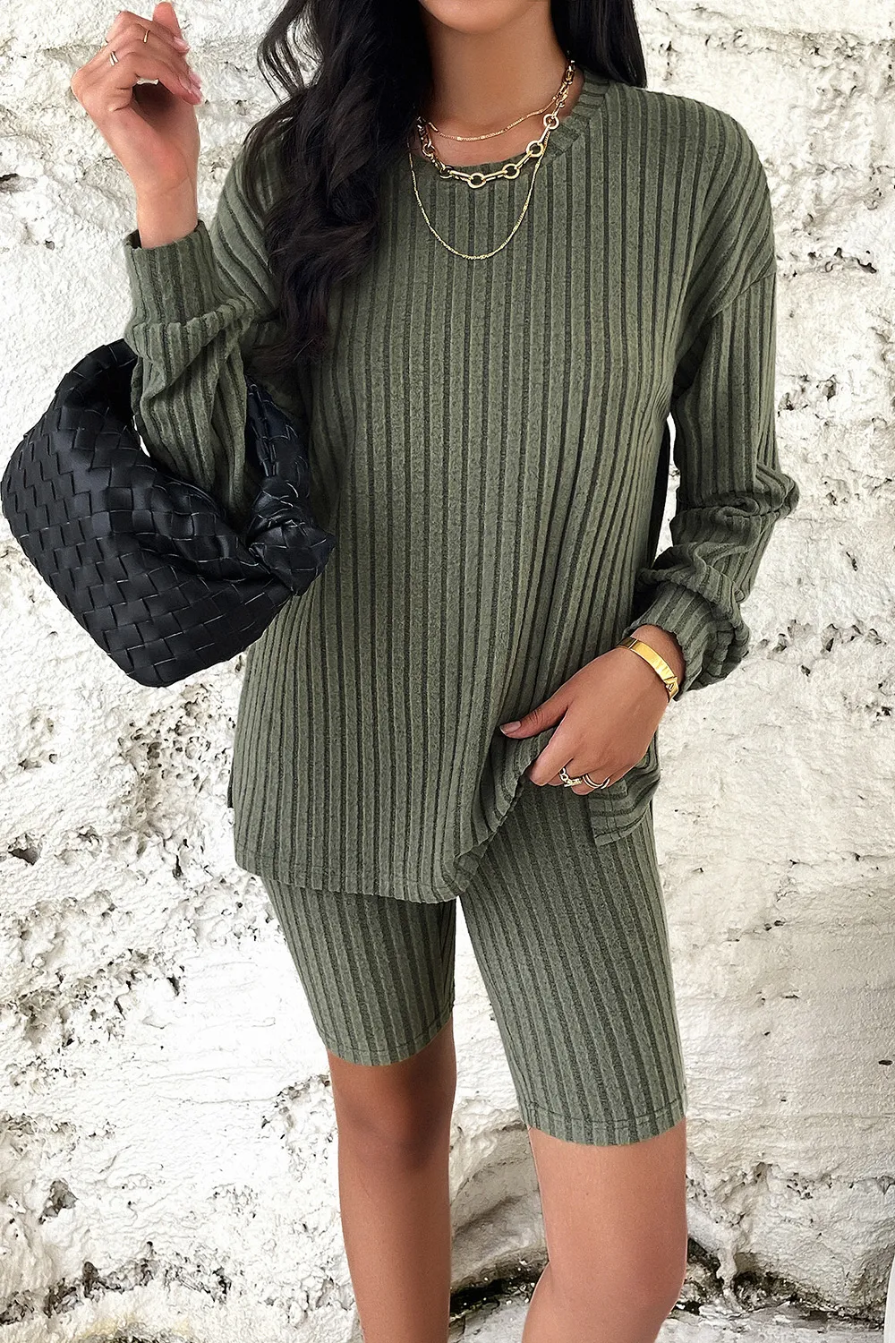 Ribbed Round Neck Dropped Shoulder Top and Shorts Set, image 11