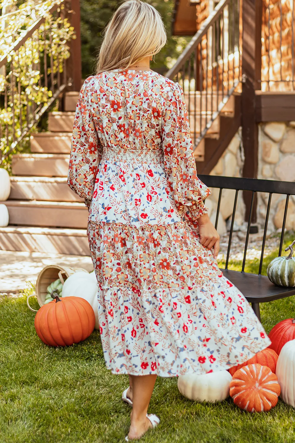 Full Size Printed V-Neck Lantern Sleeve Midi Dress, image 5