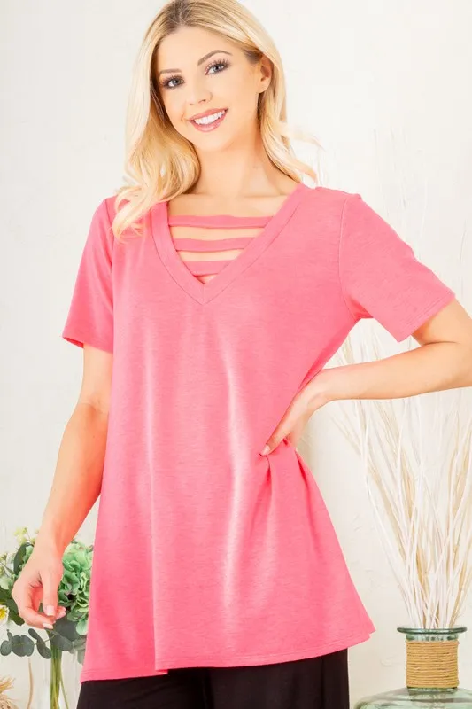 Full Size V-Neck Short Sleeve T-Shirt with Bar Detail Plus Size, image 9