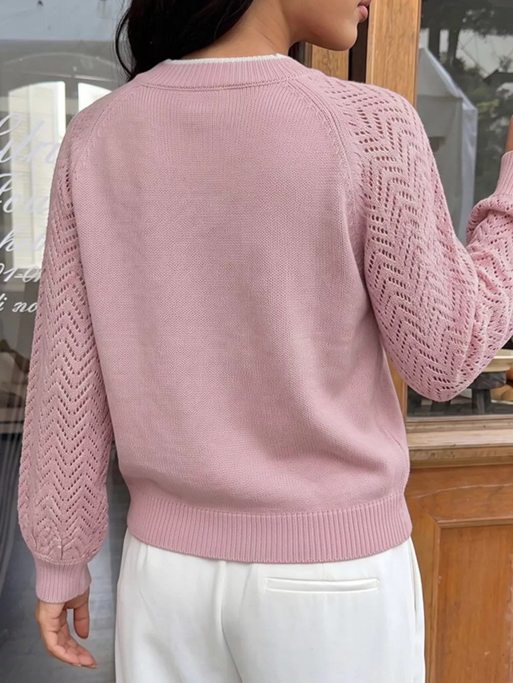 V-Neck Openwork Long Sleeve Sweater, image 6