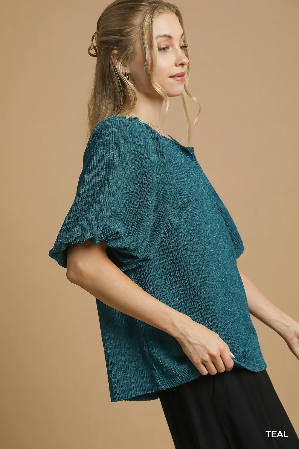 Textured Flutter Sleeve Notch Neck Top, image 5
